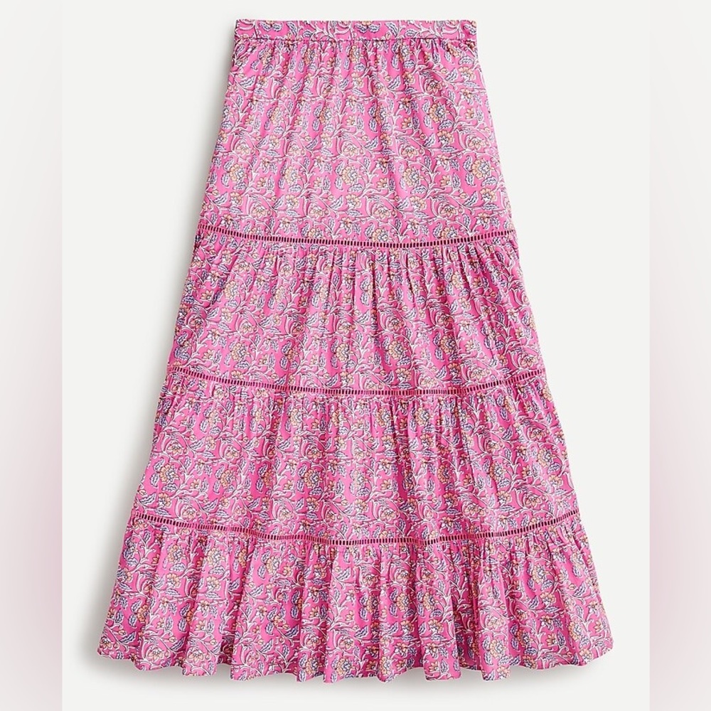 J. Crew tiered midi skirt in pink vines block print. Size small.
